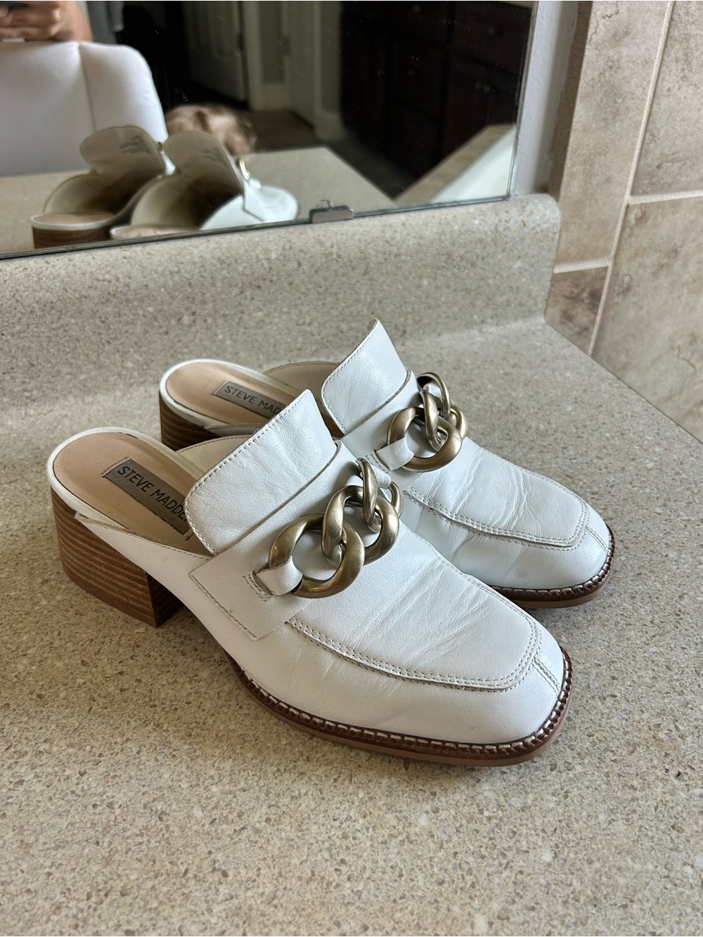 Steve Madden White Leather Chain-Link Mules